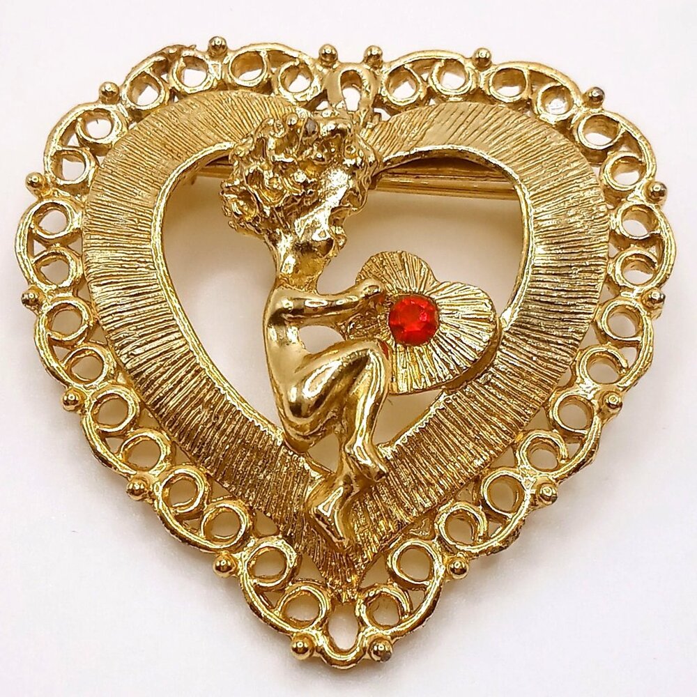 Vintage Beatrix Brooch Gold-Tone Heart-Shaped Cupid Red Rhinestone Accent Pin